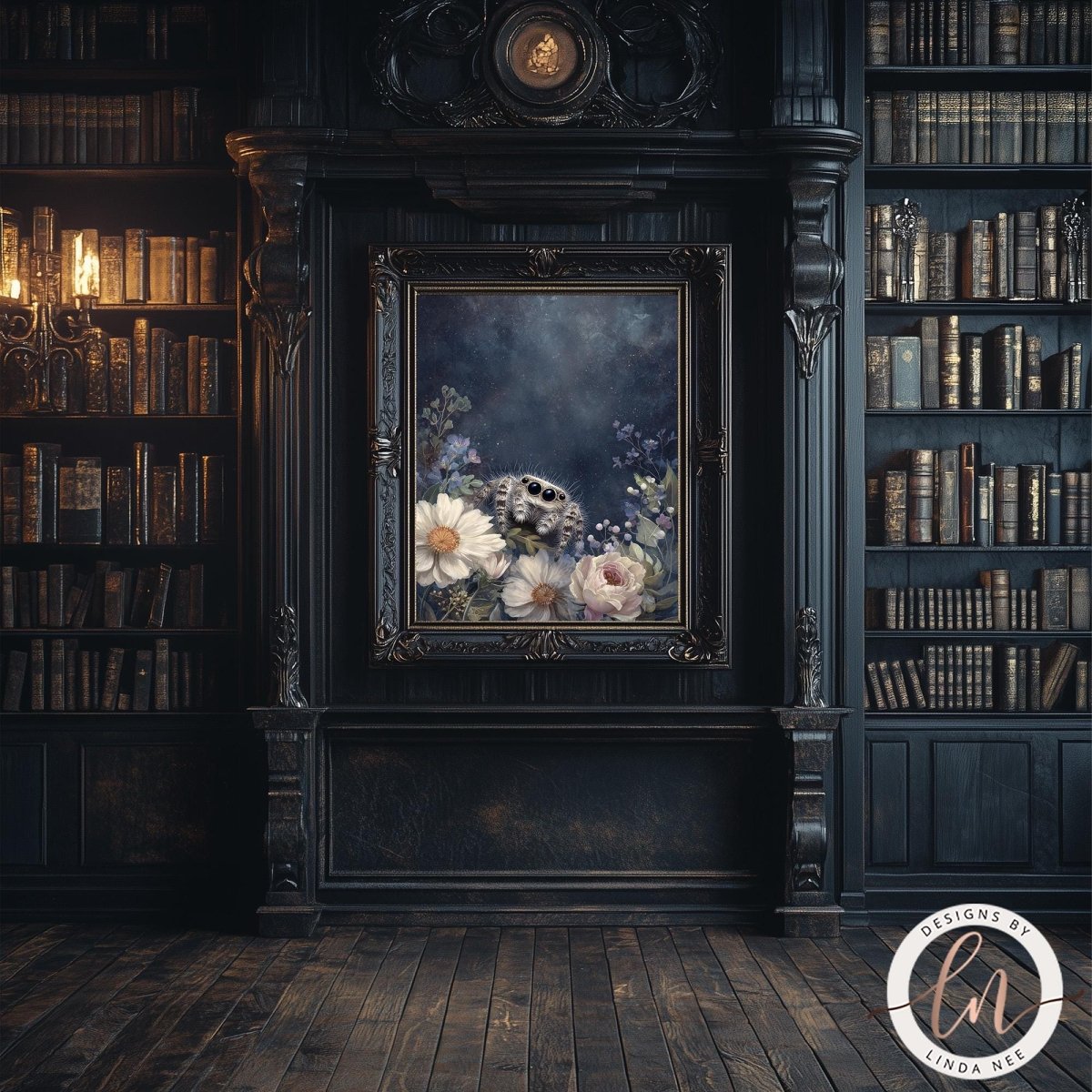 a dark, ornate room with a large painting of flowers hanging on the wall. The room has a dark wood floor and is filled with bookshelves on both sides, creating a cozy and intellectual atmosphere.
