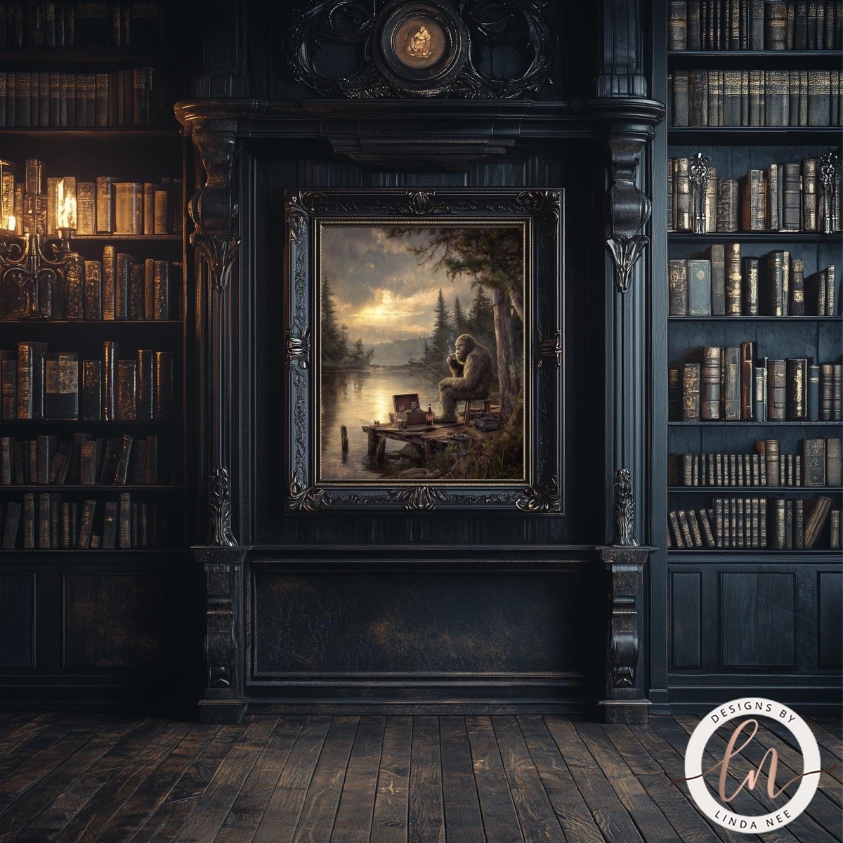 a serene and cozy library scene, with a large painting of a person sitting on a bench in front of a lake, surrounded by bookshelves filled with books.
