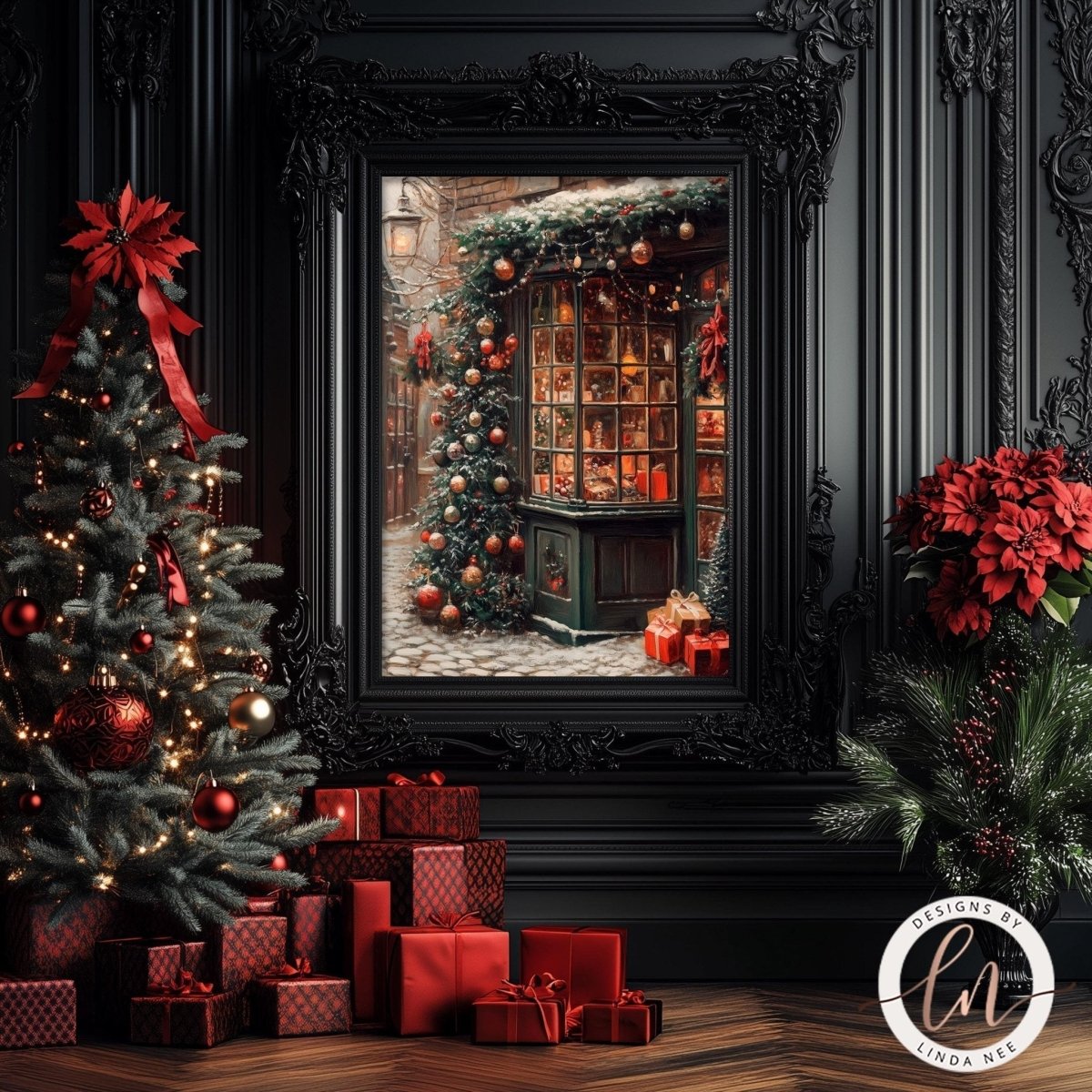 Decorated Christmas storefront with a large tree and ornaments in the window