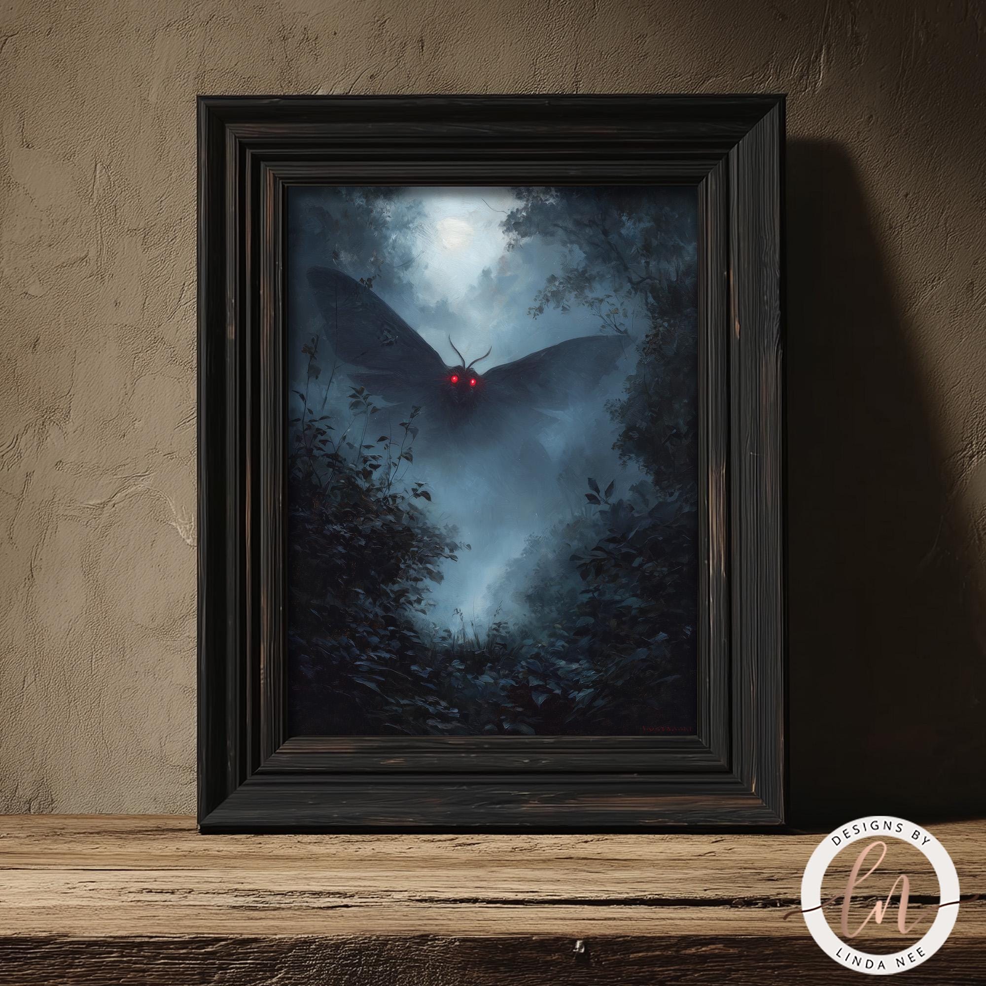 a dark, mysterious scene with a large moth-like creature with glowing red eyes emerging from the misty, forested background.