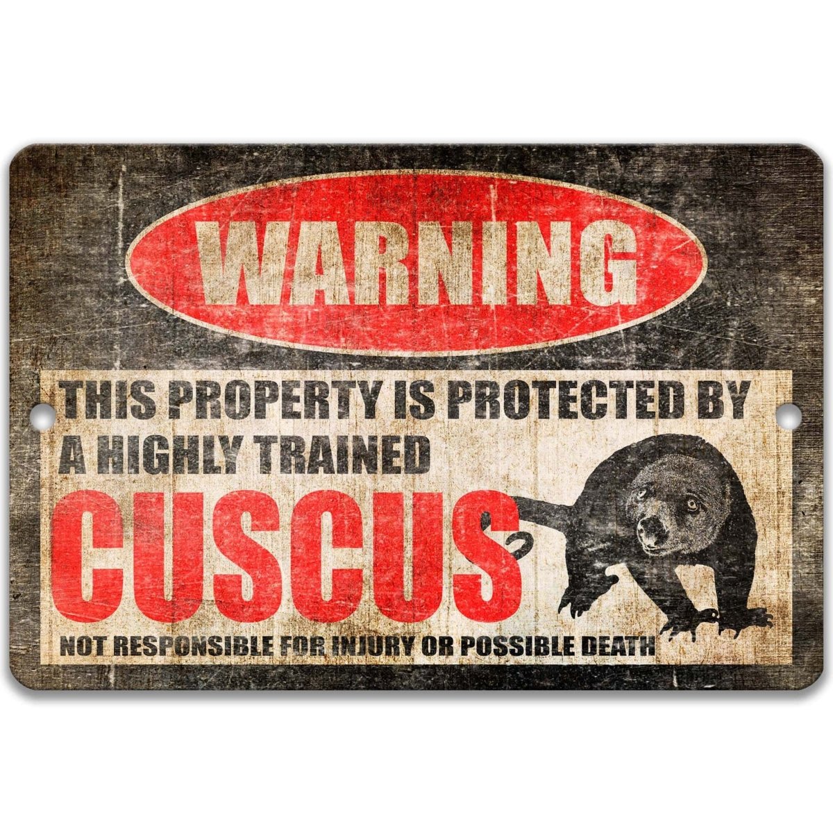 Cuscus warning metal sign, glossy black, red WARNING oval and possum-like cuscus silhouette