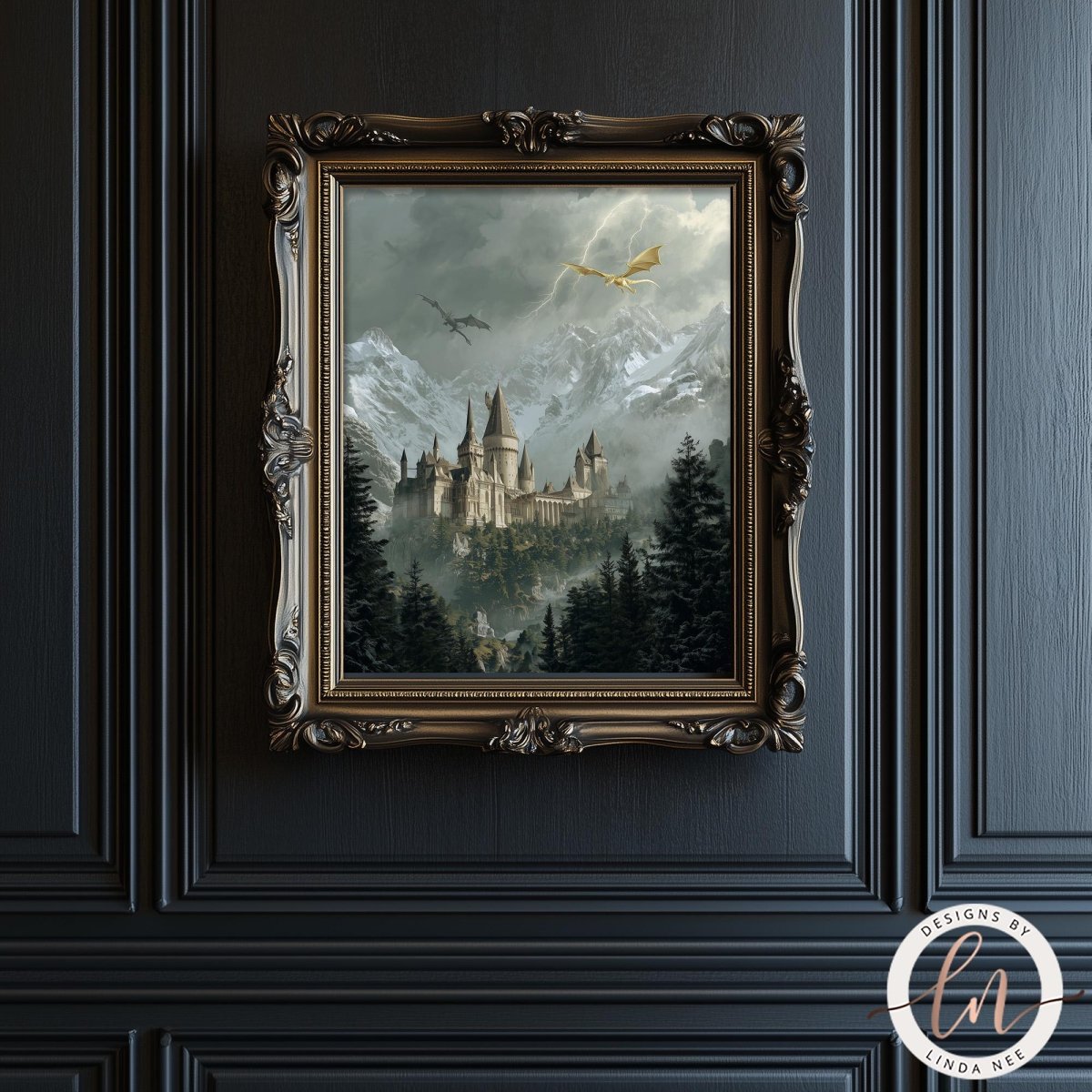 A framed painting depicting a castle surrounded by a misty, mountainous landscape with a dragon flying overhead.