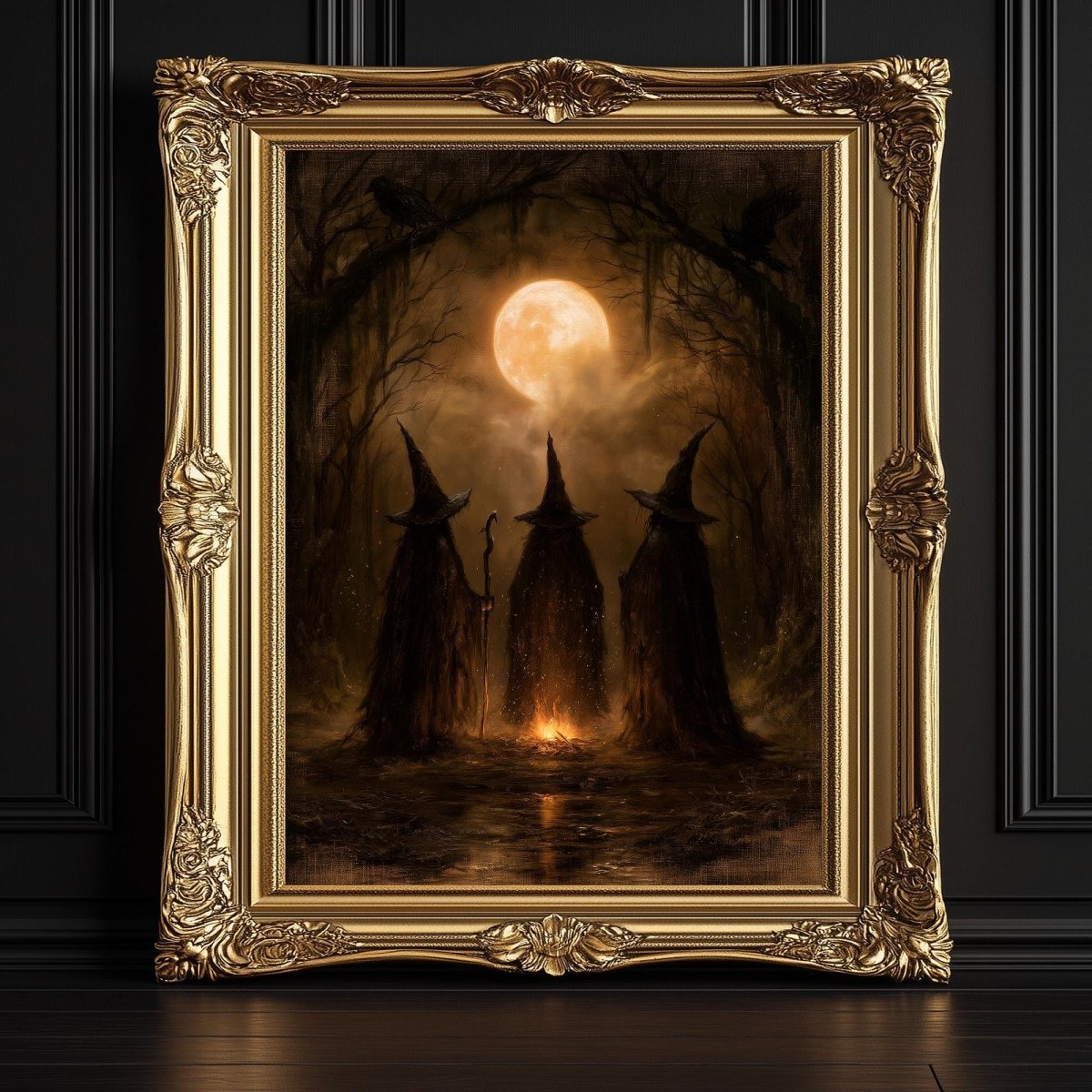 Three witch silhouettes against a glowing full moon in a shadowed wood