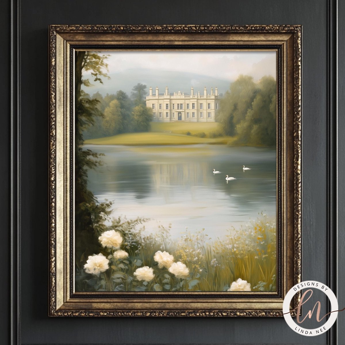Manor and lake with swans surrounded by lush greenery