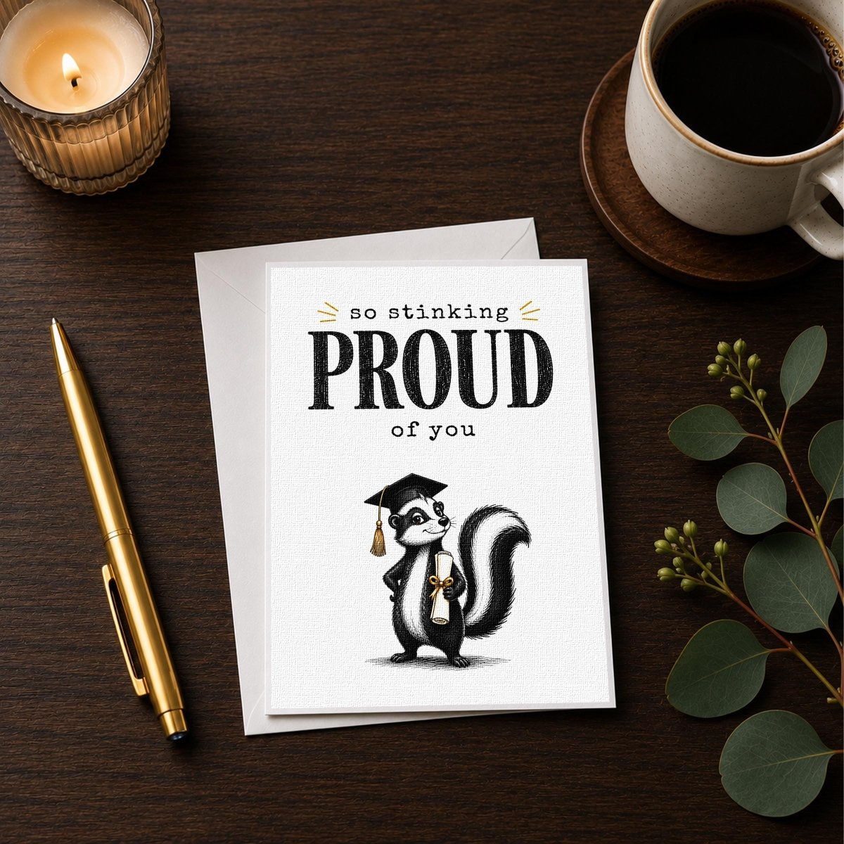 a greeting card with a cartoon image of a skunk wearing a graduation cap, accompanied by the text "so stinking proud of you". The card is placed on a wooden surface, along with a pen, a candle, and some greenery.