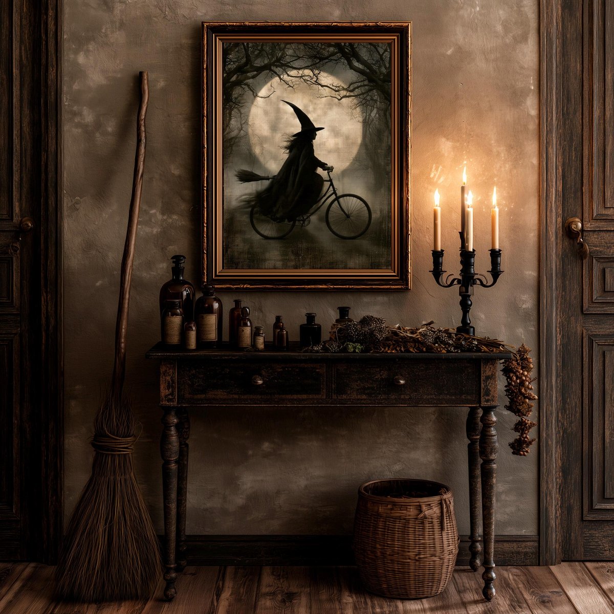 Witch on a bicycle art print styled with candles