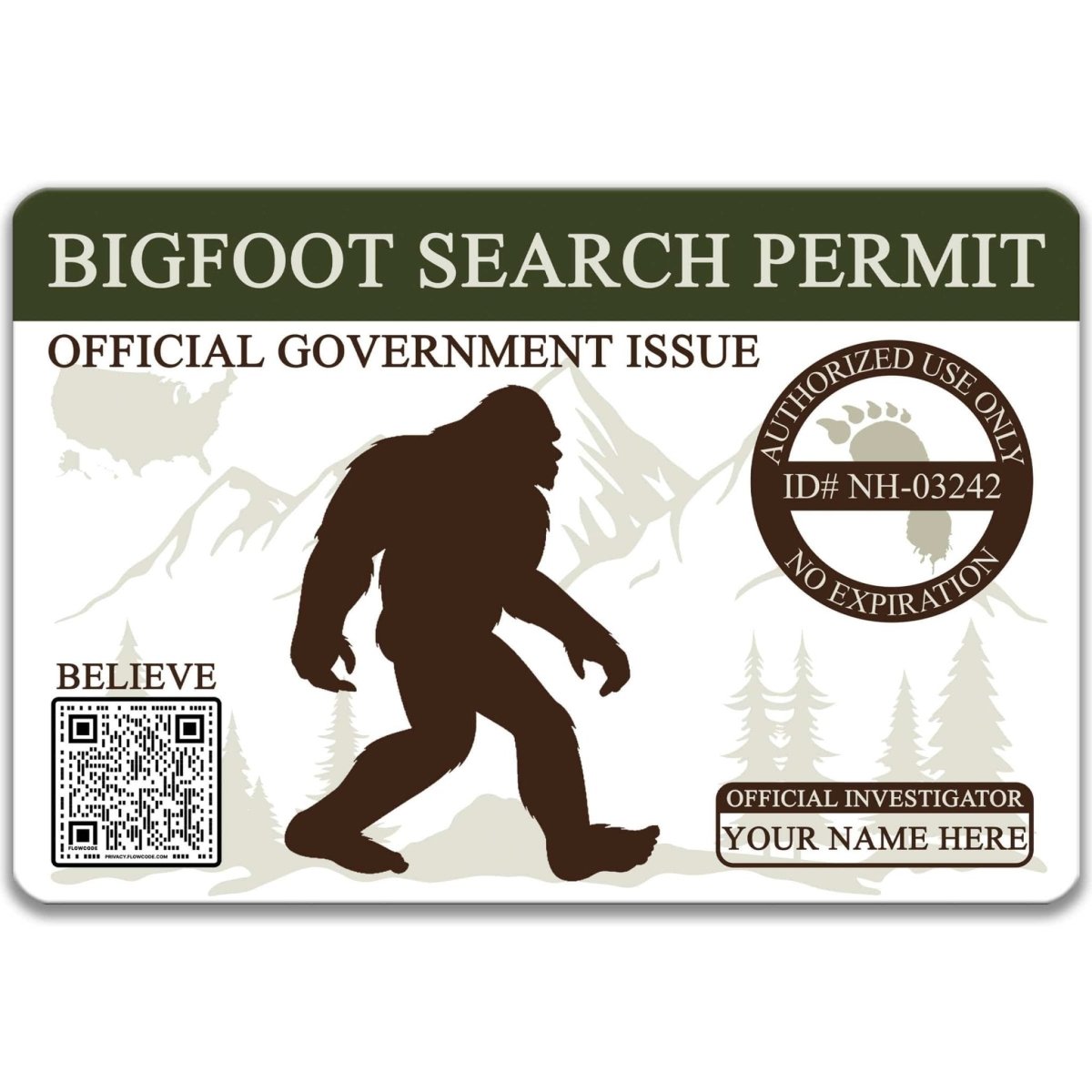 The image is a sticker or permit that features a silhouette of a Sasquatch, a mythical creature from the American West, along with a QR code and a barcode.