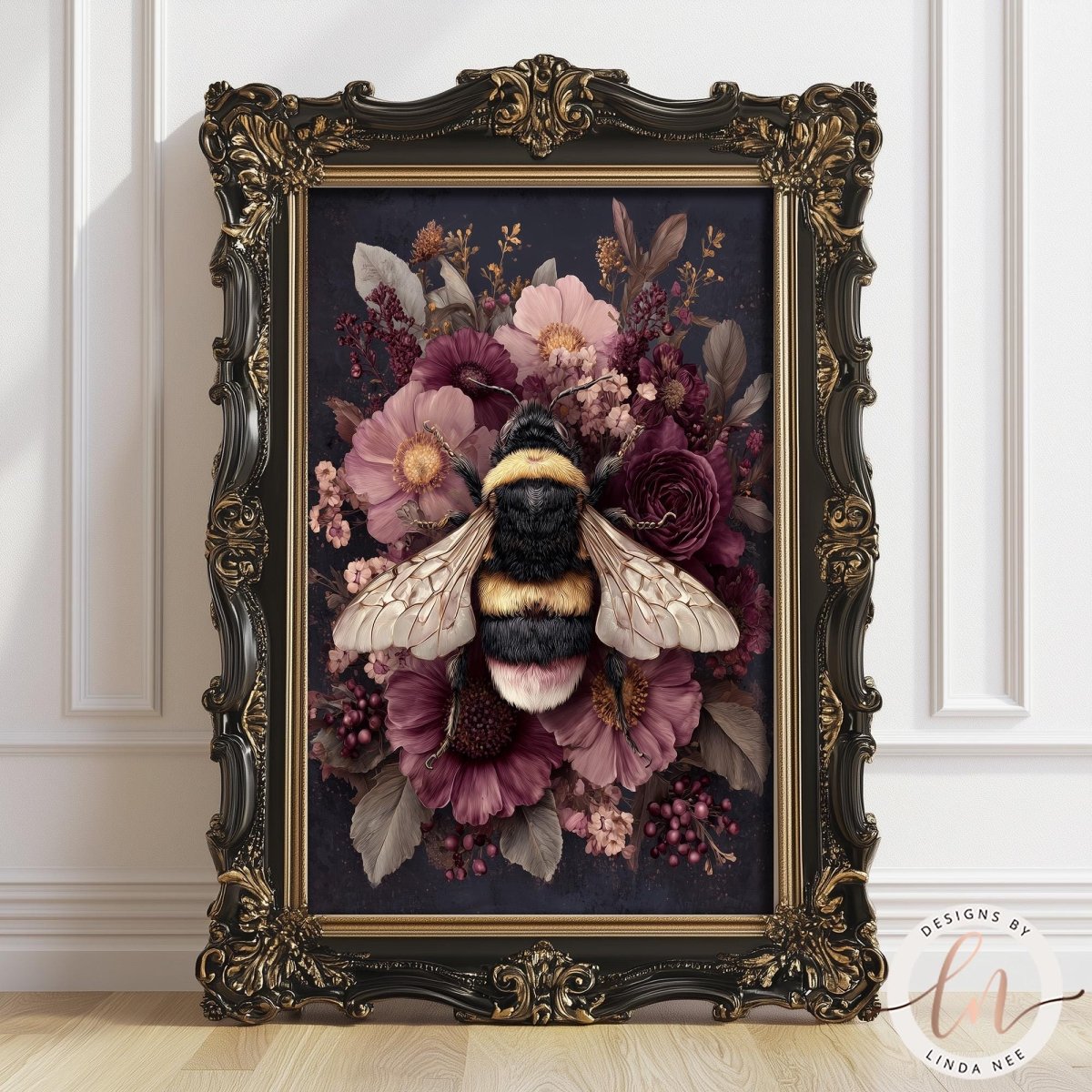 a framed painting of a bee surrounded by a vibrant floral arrangement.