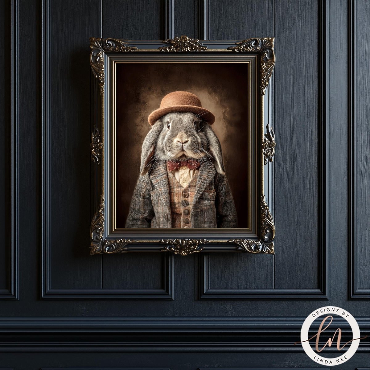A framed portrait of a rabbit wearing a hat and coat, set against a dark background.