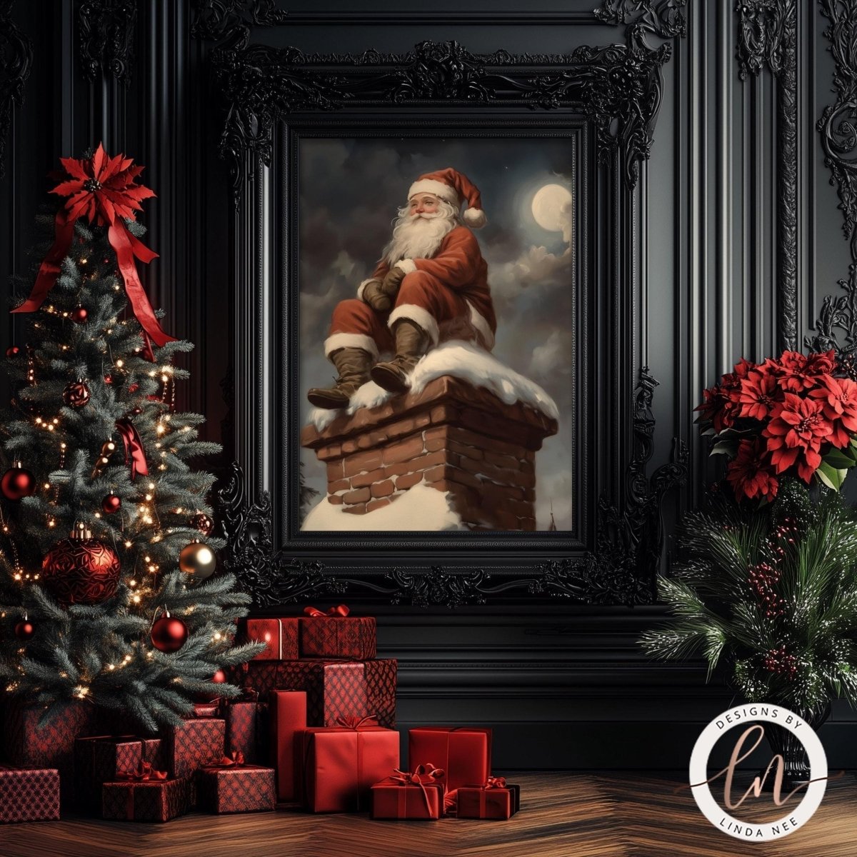 Christmas wall decor of Santa on a chimney shown with a lit tree and gifts