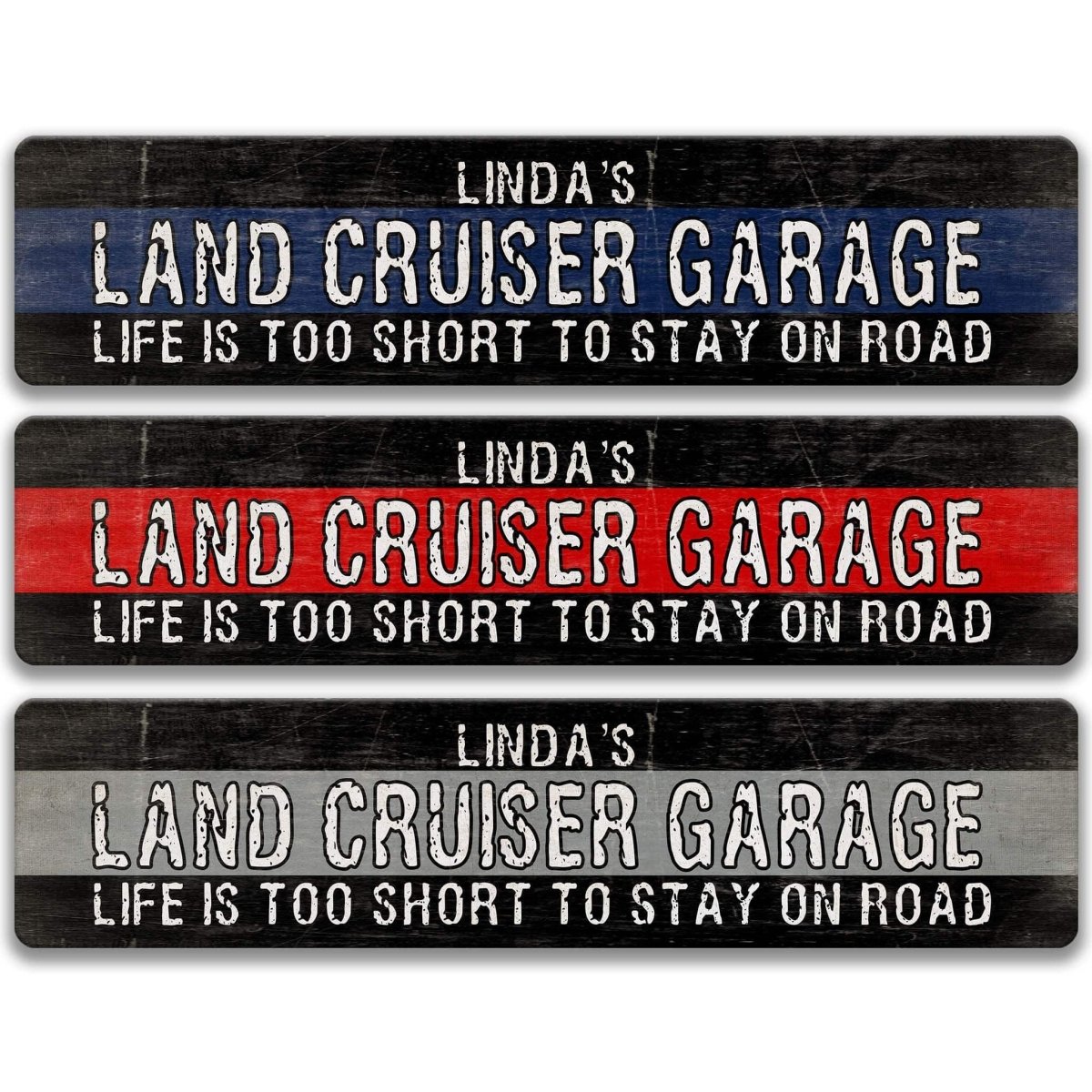 Custom Toyota Land Cruiser garage sign in weathered finish with personalized name, shown in three colorways