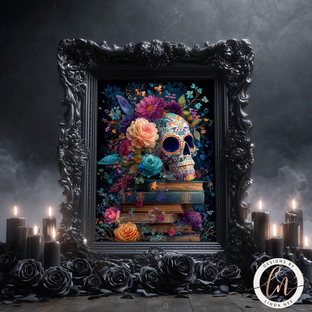a skull surrounded by a vibrant floral arrangement, with books and candles creating a spooky and eerie atmosphere.