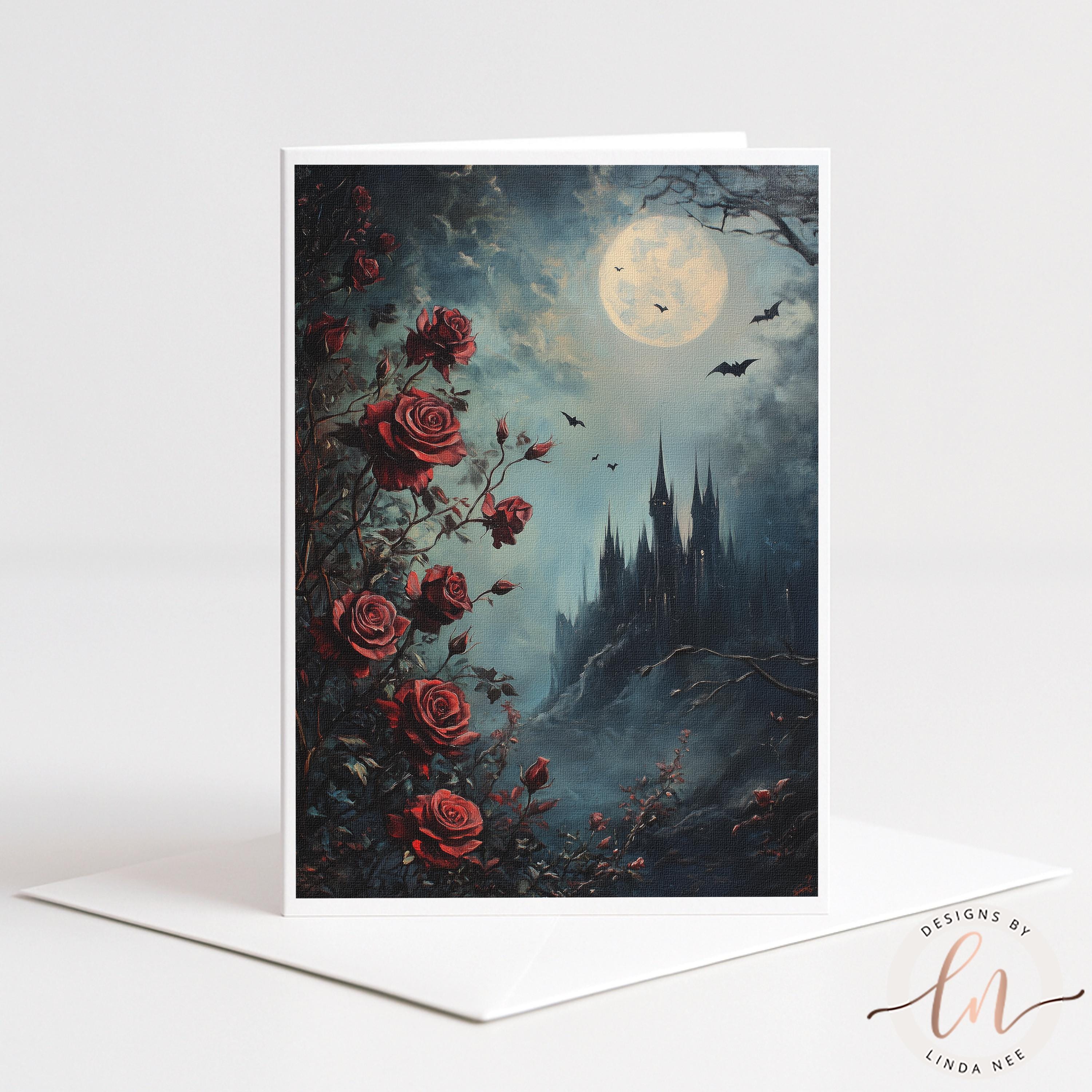 The image is a painting depicting a castle surrounded by a garden with red roses, a full moon, and bats flying in the sky.