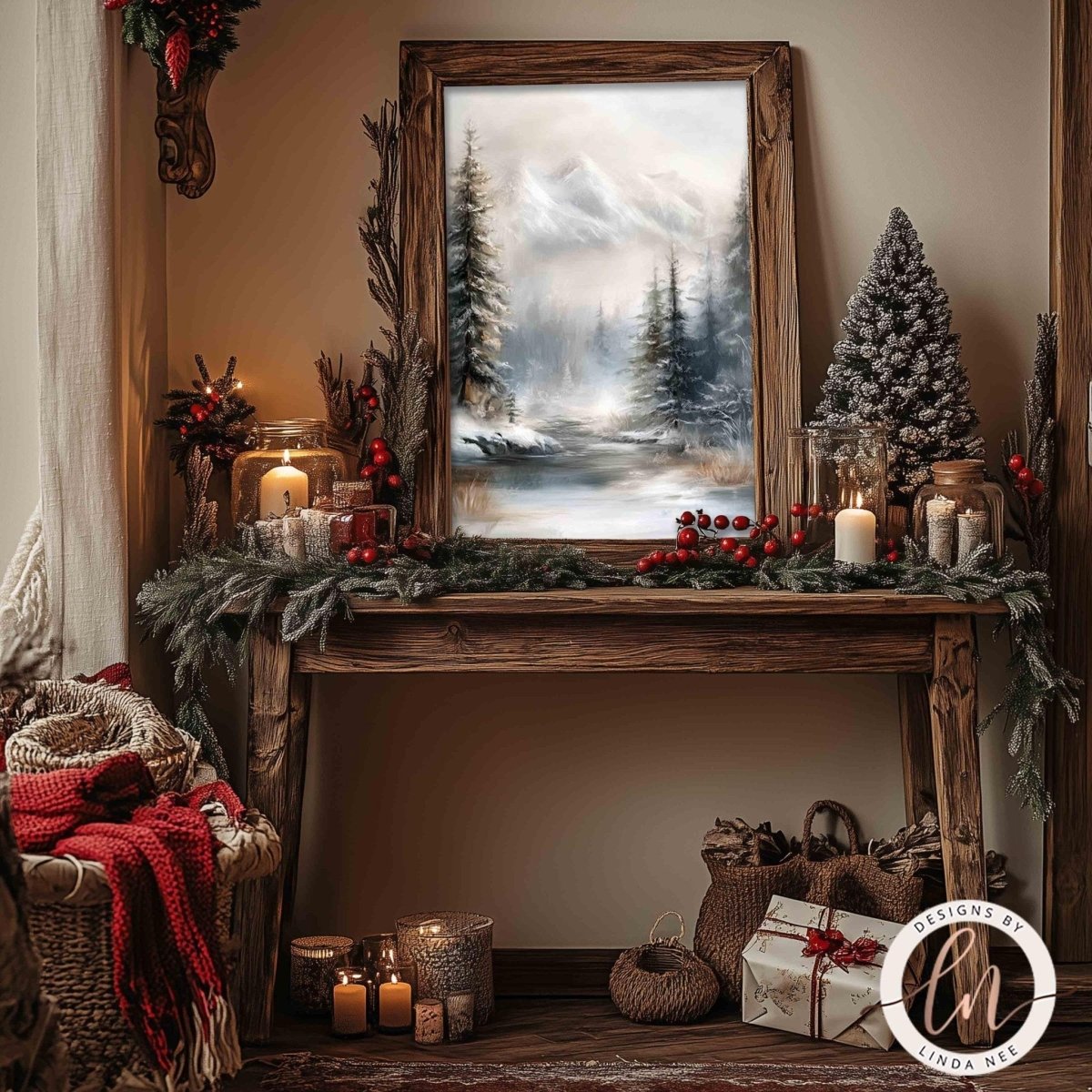 a cozy and festive Christmas scene, with a large framed painting of a snowy mountain landscape hanging on a wall. The painting is surrounded by various holiday decorations, including a Christmas tree, candles, and other ornaments. The overall atmosphere of the scene is warm and inviting, with the painting serving as a focal point in the room.