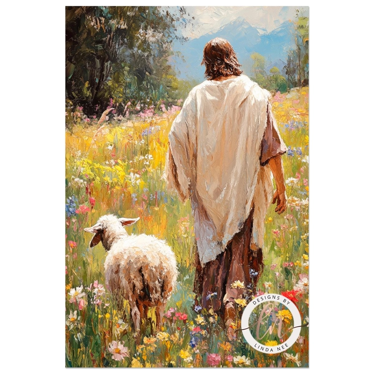 Shepherd and lamb walking together through blooming wildflowers