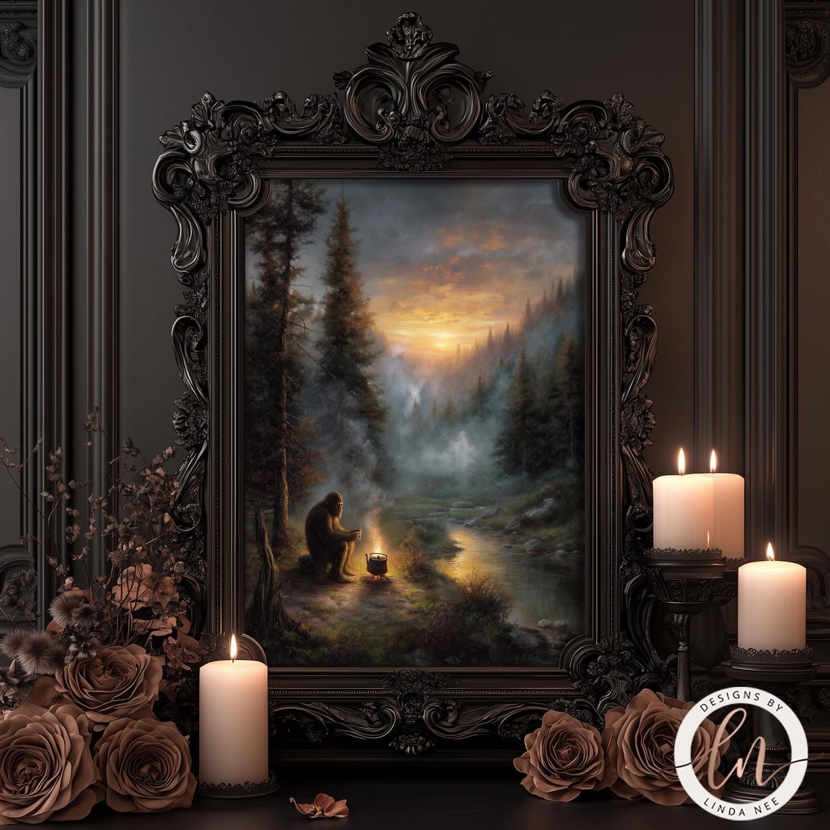 Fine art by Linda Nee featuring Bigfoot seated beside a glowing campfire in a misty evergreen forest at sunset, drinking coffee near a quiet river with moody woodland atmosphere.