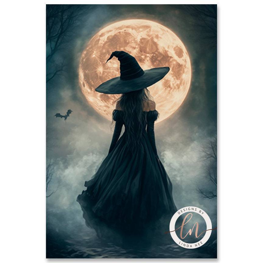 Witch under a glowing moon art print with a bat flying nearby