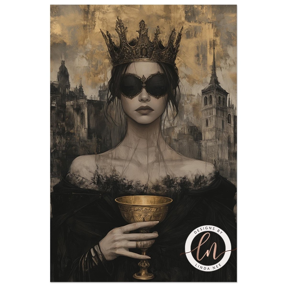 A woman wearing a crown and holding a golden chalice is depicted in the image.