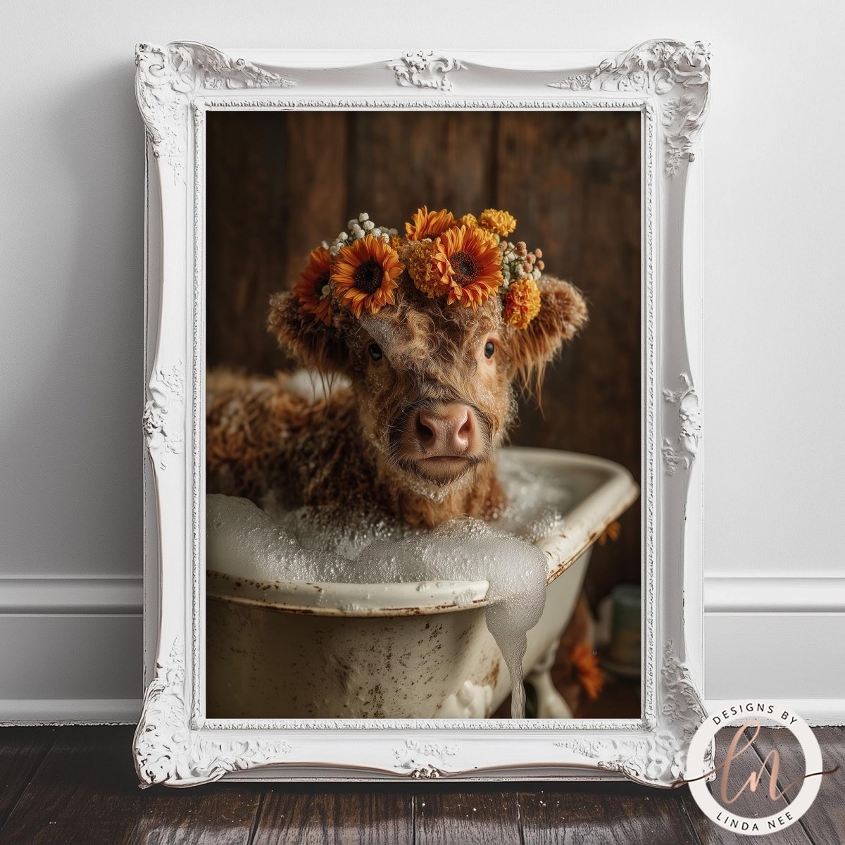 A cow wearing a flower crown is sitting in a white bathtub filled with bubbles, creating a whimsical and charming scene.