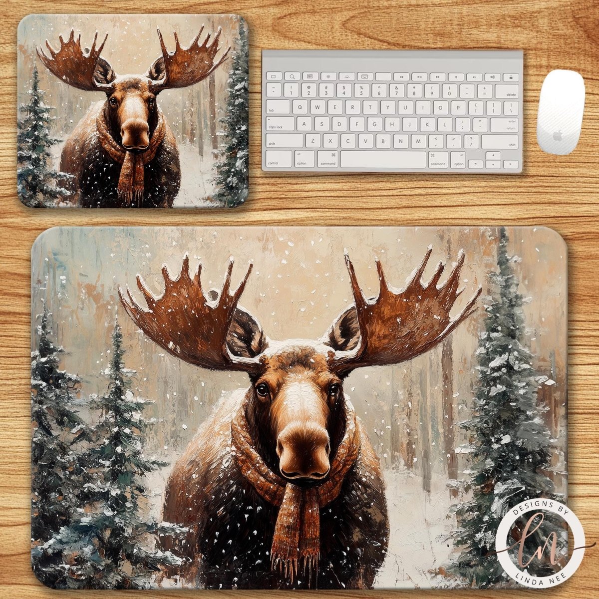 Moose in a plaid scarf standing in a snowy forest design on a wildlife mouse pad and desk mat.