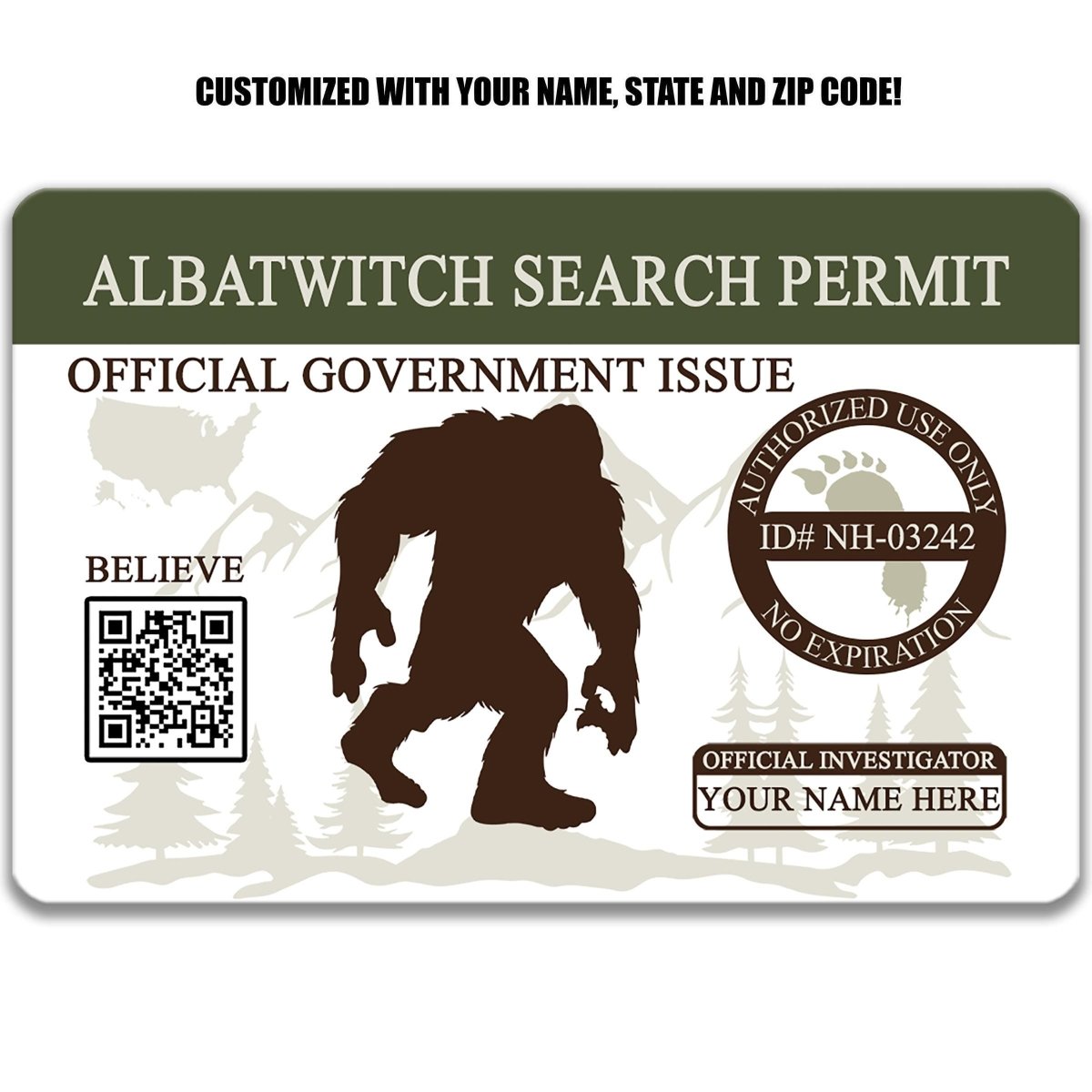The image is a custom-made search permit featuring a silhouette of a Sasquatch, a mythical creature from the American West. The permit is designed to be used as an official government identification card, with a QR code and a barcode for scanning.