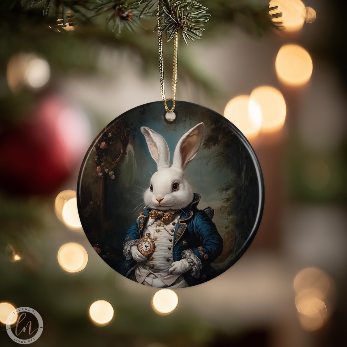Alice in Wonderland White Rabbit Christmas ornament wearing Victorian clothing and holding a pocket watch, 3 inch round ceramic with gold cord hanging on Christmas tree.