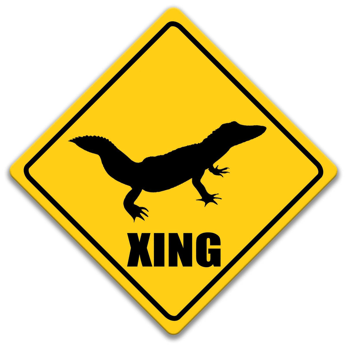 Alligator XING yellow diamond caution sign, black alligator silhouette