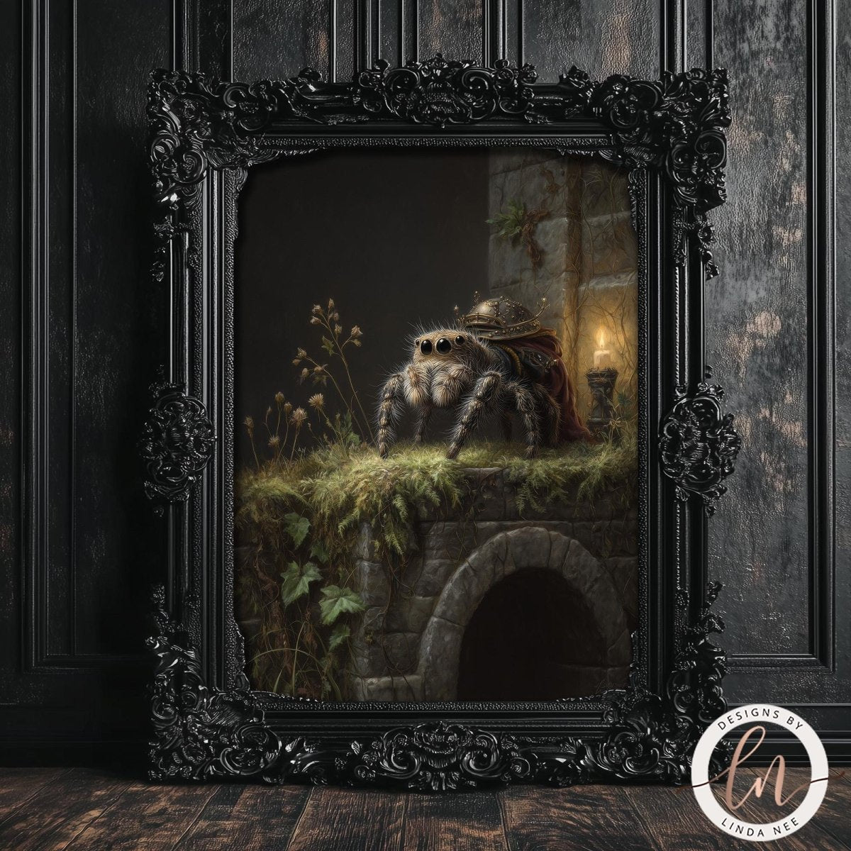 The image is a painting of a spider sitting on a stone wall, with a small archway and plants in the background. The painting is framed in an ornate black frame and is displayed on a wooden surface.