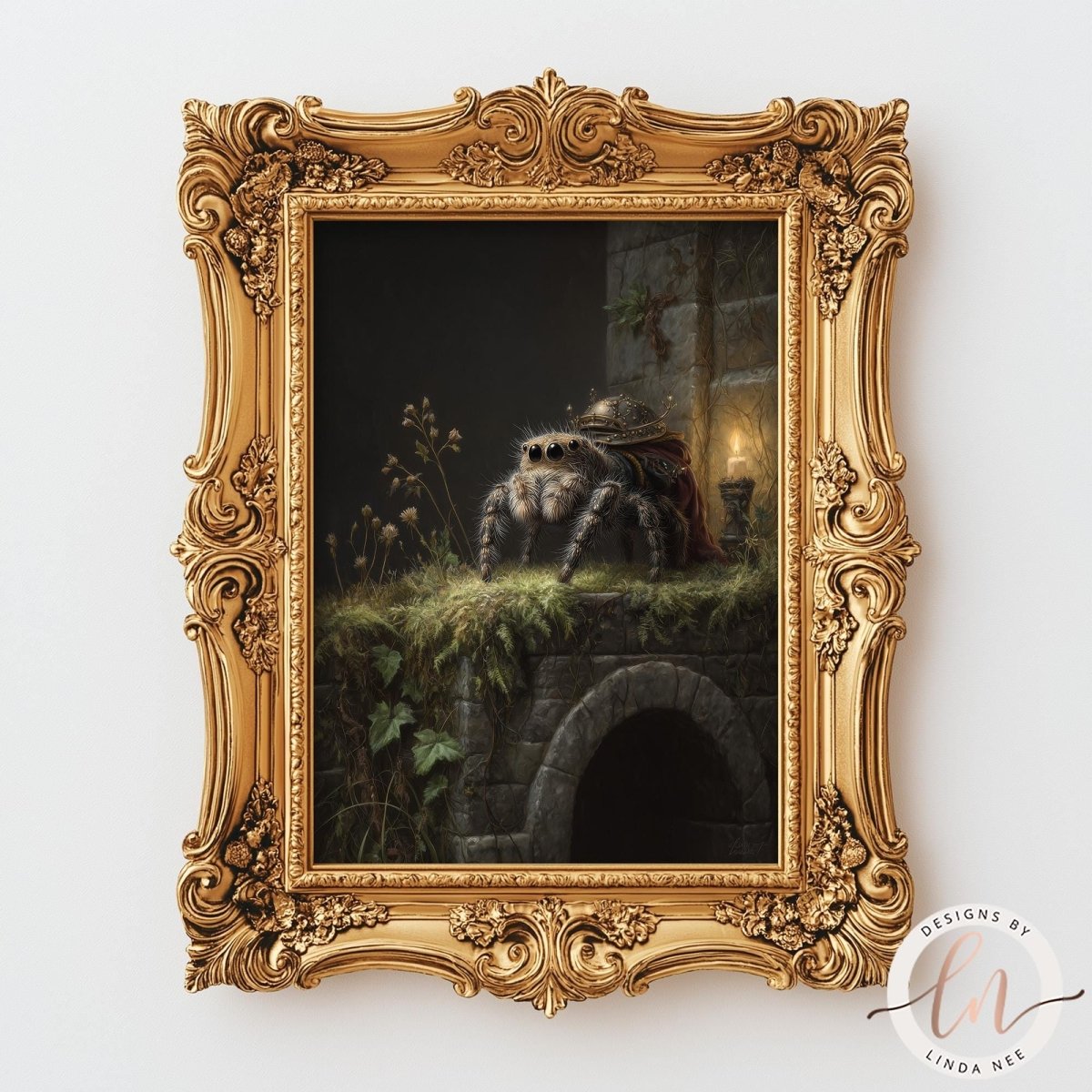 The image is a painting of a spider in a gilded frame, set against a dark background with a stone archway and greenery.