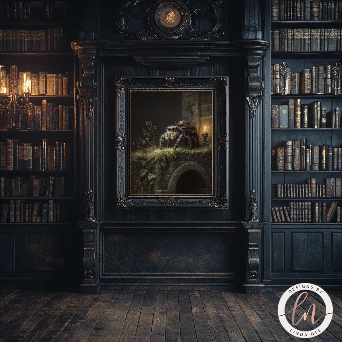 a dark, ornate room with a large bookshelf filled with books, a fireplace with a painting of a bird perched on a stone structure, and a wooden floor.