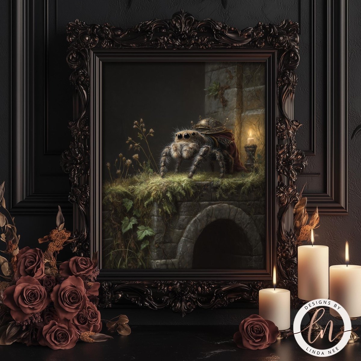 a framed painting of a spider sitting on a stone ledge, surrounded by a dark, moody atmosphere. The painting is displayed on a dark wooden frame, and there are lit candles and a bouquet of roses in the foreground.