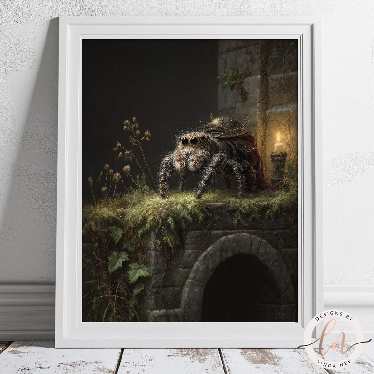 A close-up fine art portrait of a large, fuzzy jumping spider wearing ornate brass armor and a red cloak. The spider sits on a mossy stone wall next to a lit candle. The background is dark and moody, suggesting an ancient stone archway.
