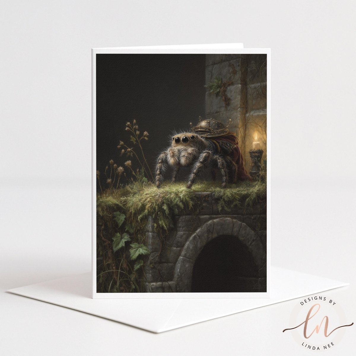 A close-up fine art portrait of a large, fuzzy jumping spider wearing ornate brass armor and a red cloak. The spider sits on a mossy stone wall next to a lit candle. The background is dark and moody, suggesting an ancient stone archway.