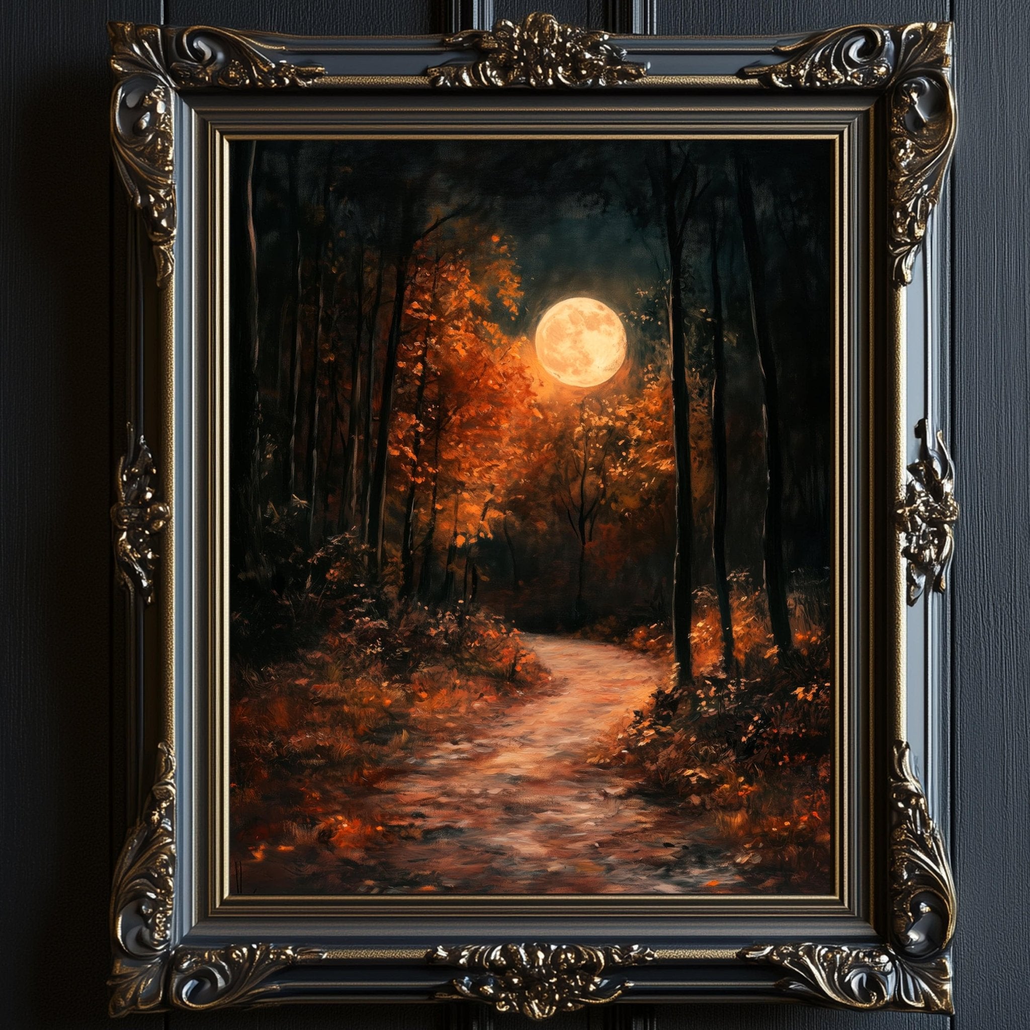 Autumn Full Moon Dark Forest Art - Metal or Fine Art PaperAI