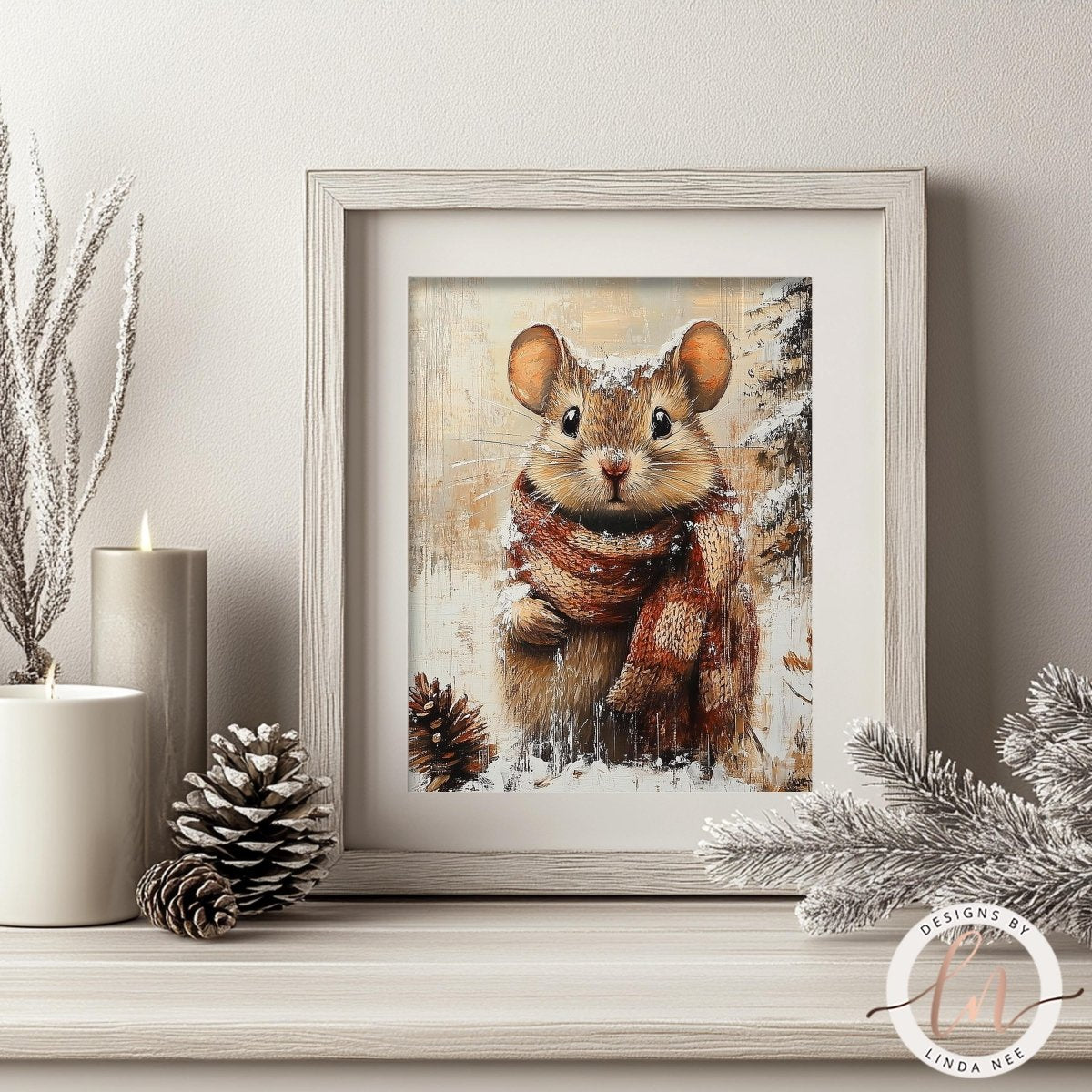 A framed painting of a brown mouse wearing a red scarf, surrounded by pine cones and a lit candle, creating a cozy winter scene.