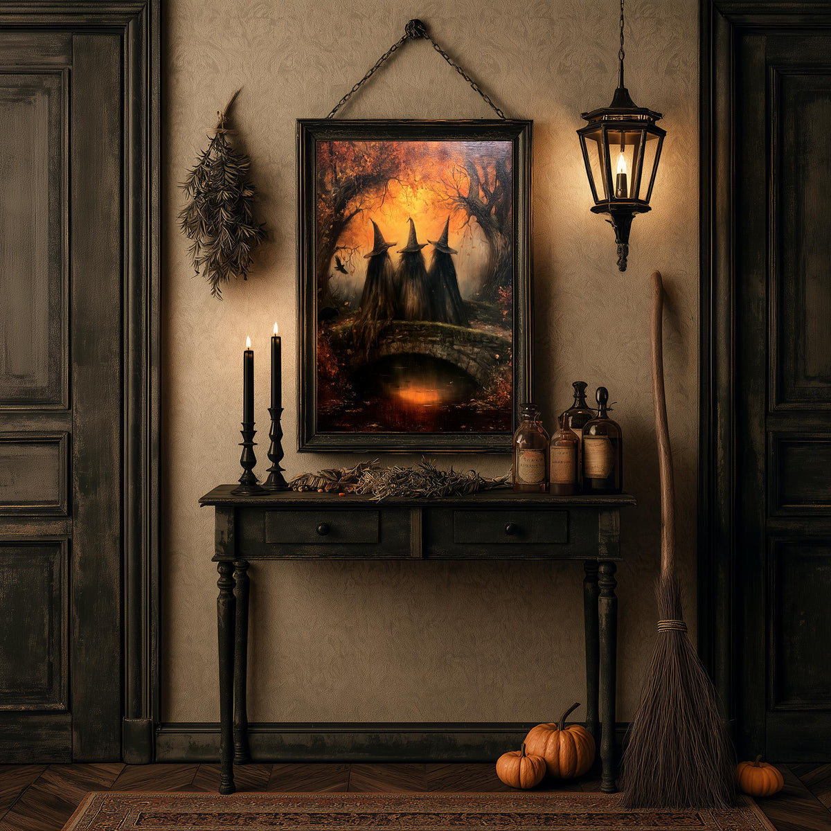 Halloween room with a lantern, broom, pumpkins, and the witch coven wall art