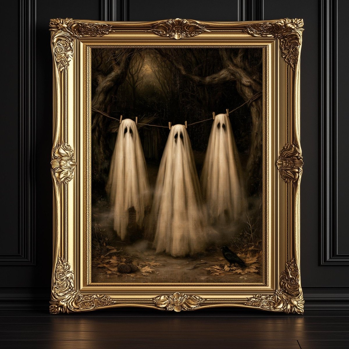 Three ghosts in flowing white robes pegged to a line in a dark misty forest