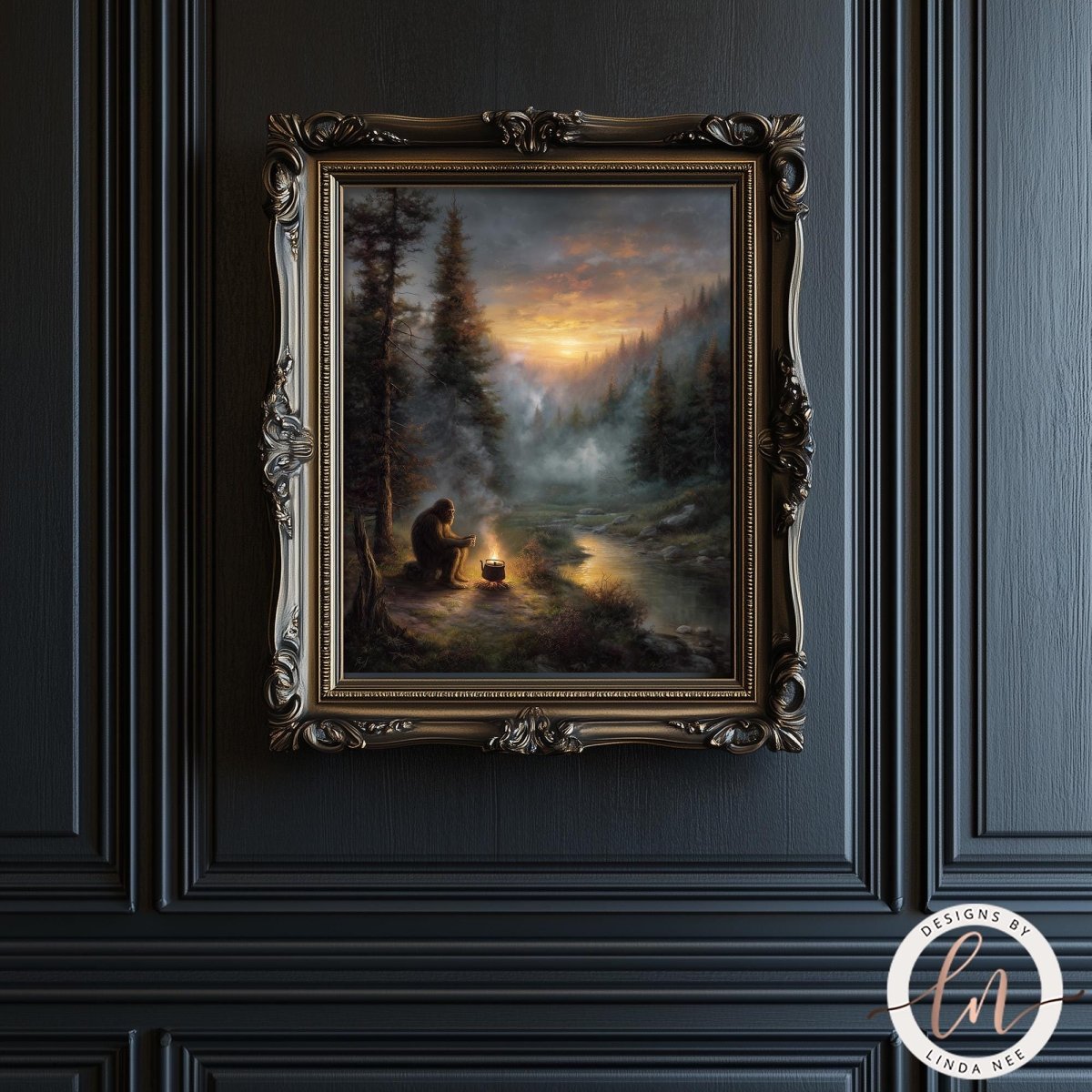 The image is a framed painting depicting a serene landscape with a person sitting by a campfire in a forest setting, with a sunset in the background.