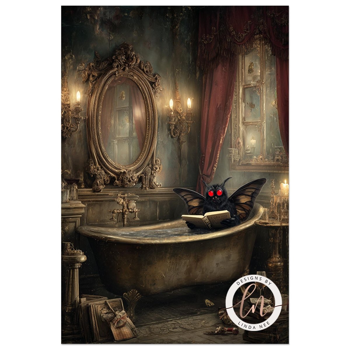 A gothic-style illustration of a black bat with glowing red eyes sitting in an ornate antique bathtub and reading a book in a dimly lit bathroom.