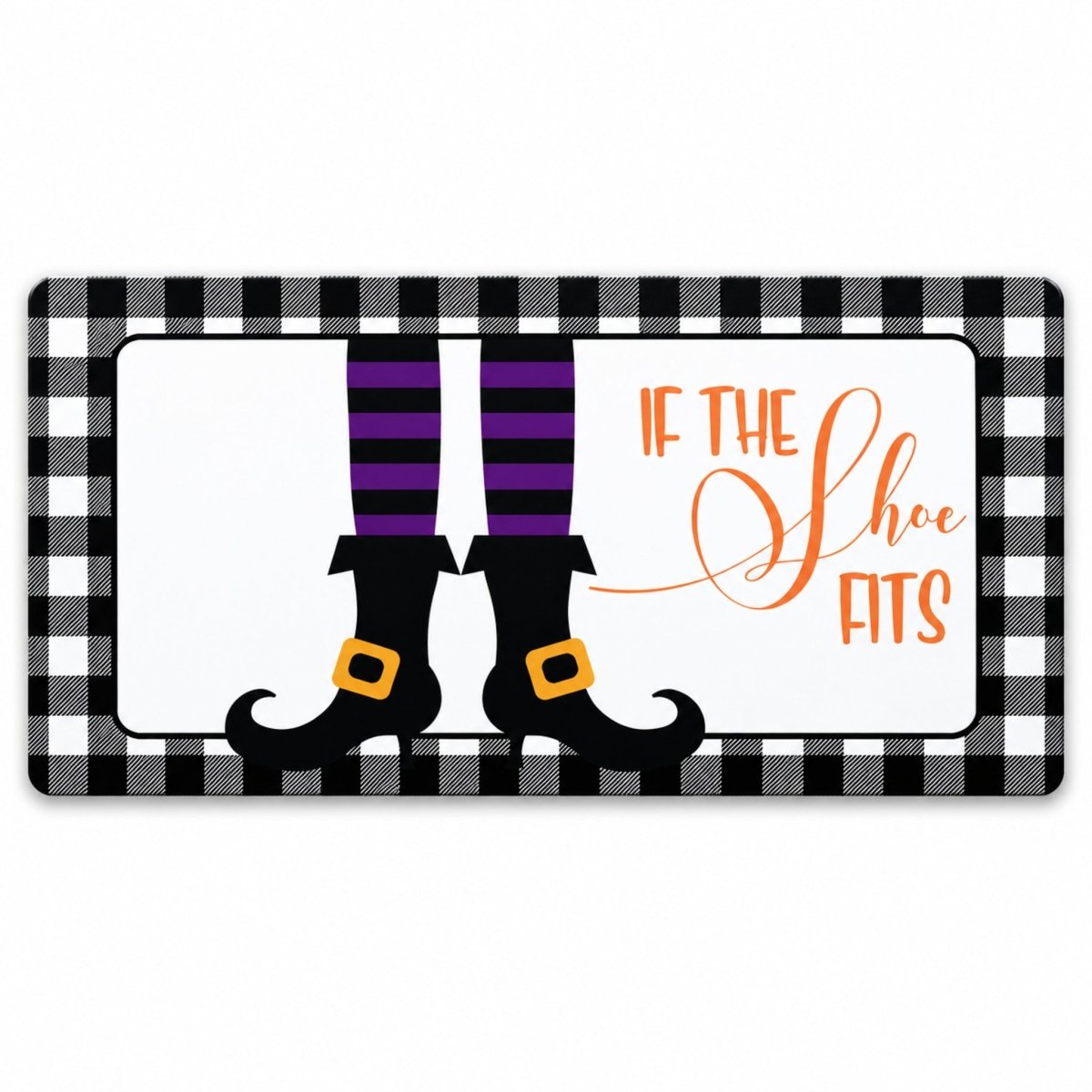 If the Shoe Fits Witch Boots 6x12 metal wreath sign with purple striped stocking boots