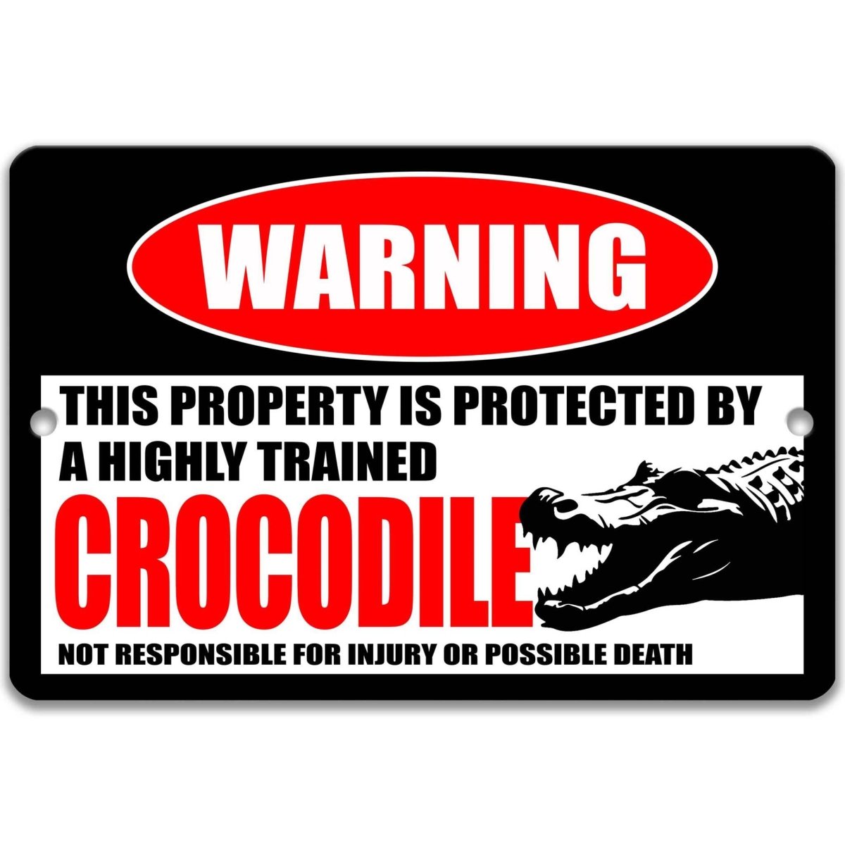 Crocodile warning metal sign, glossy black, red WARNING oval and crocodile silhouette