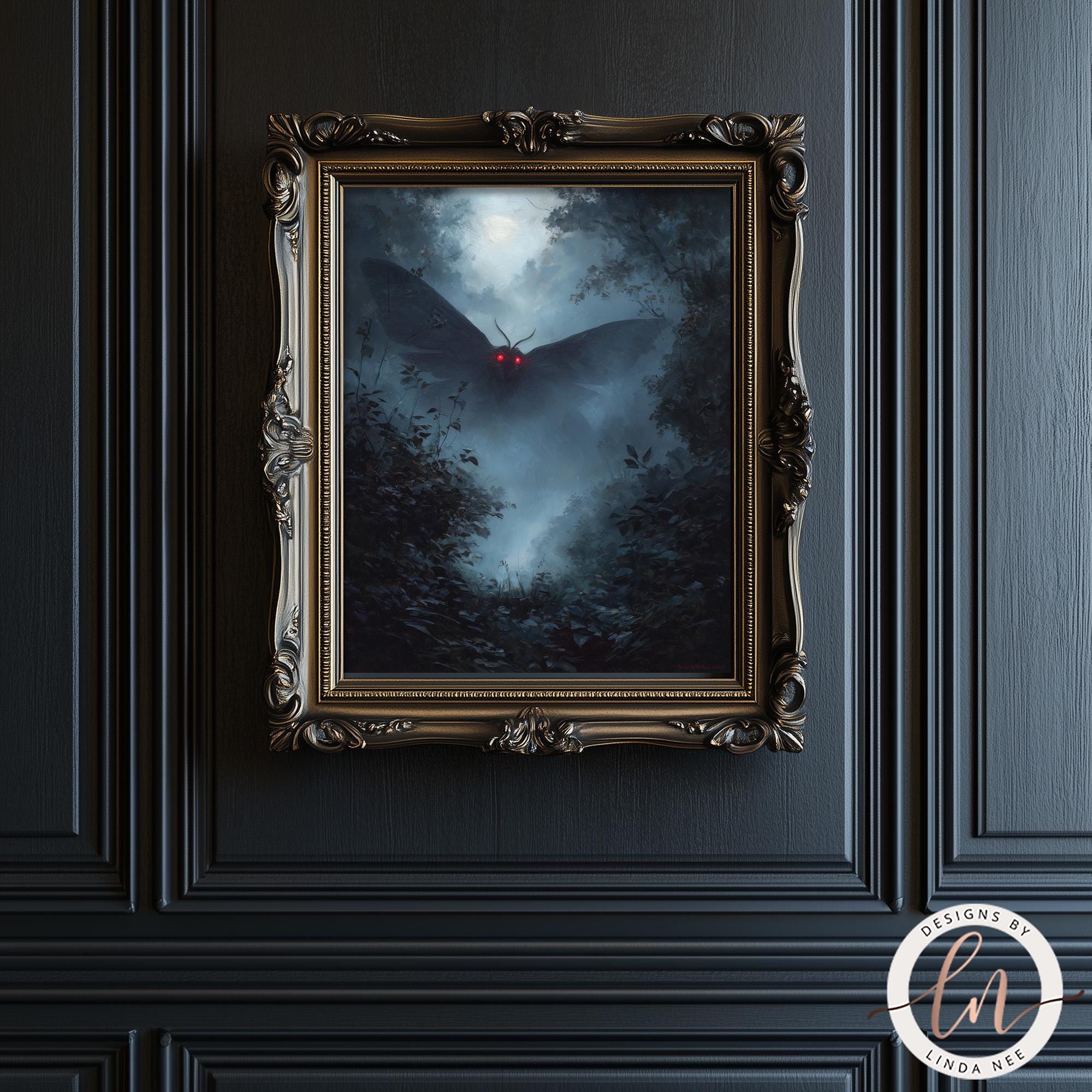 a dark, moody scene with a large, ornate frame surrounding a painting of a winged creature with glowing red eyes.