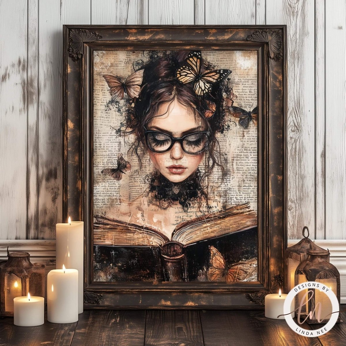 Woman with a book in her hands surrounded by butterflies
