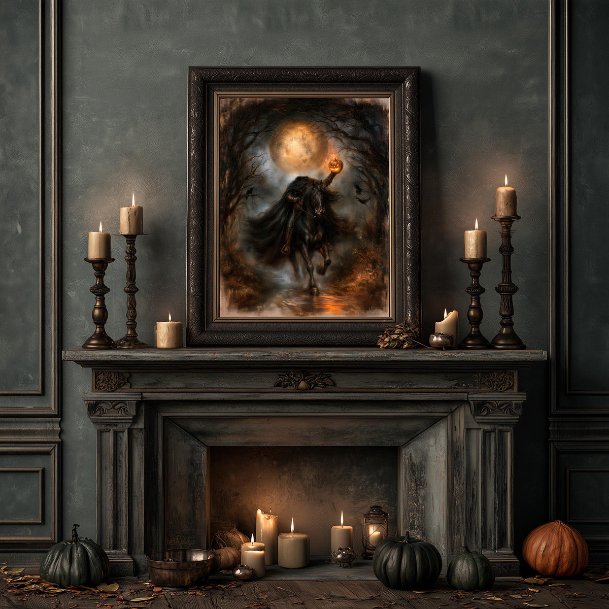 Headless horseman art print above a fireplace dressed with candles and pumpkins