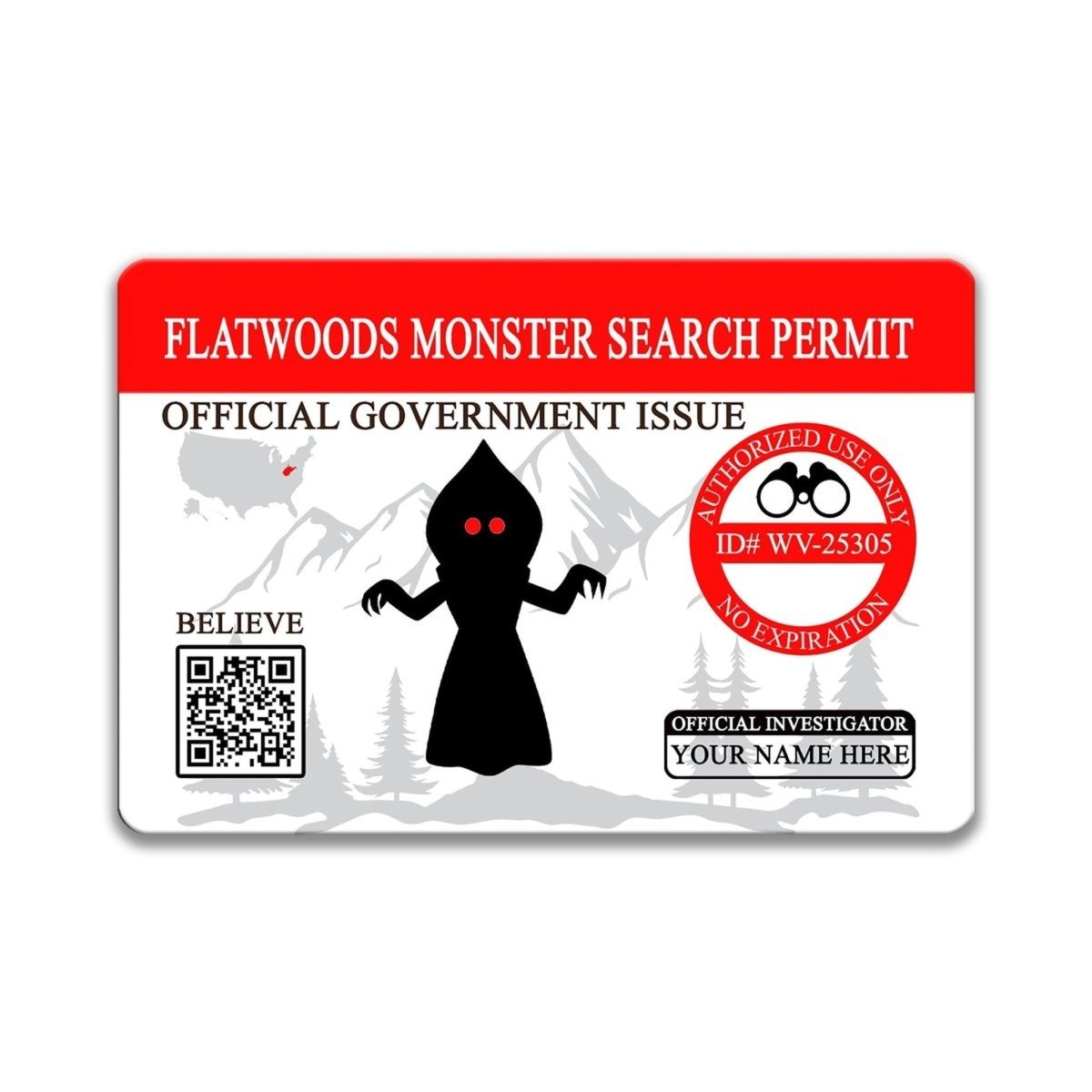 The image is a sticker or permit for Flatwoods Monster Search Permit, featuring a silhouette of a monster and a mountain landscape.