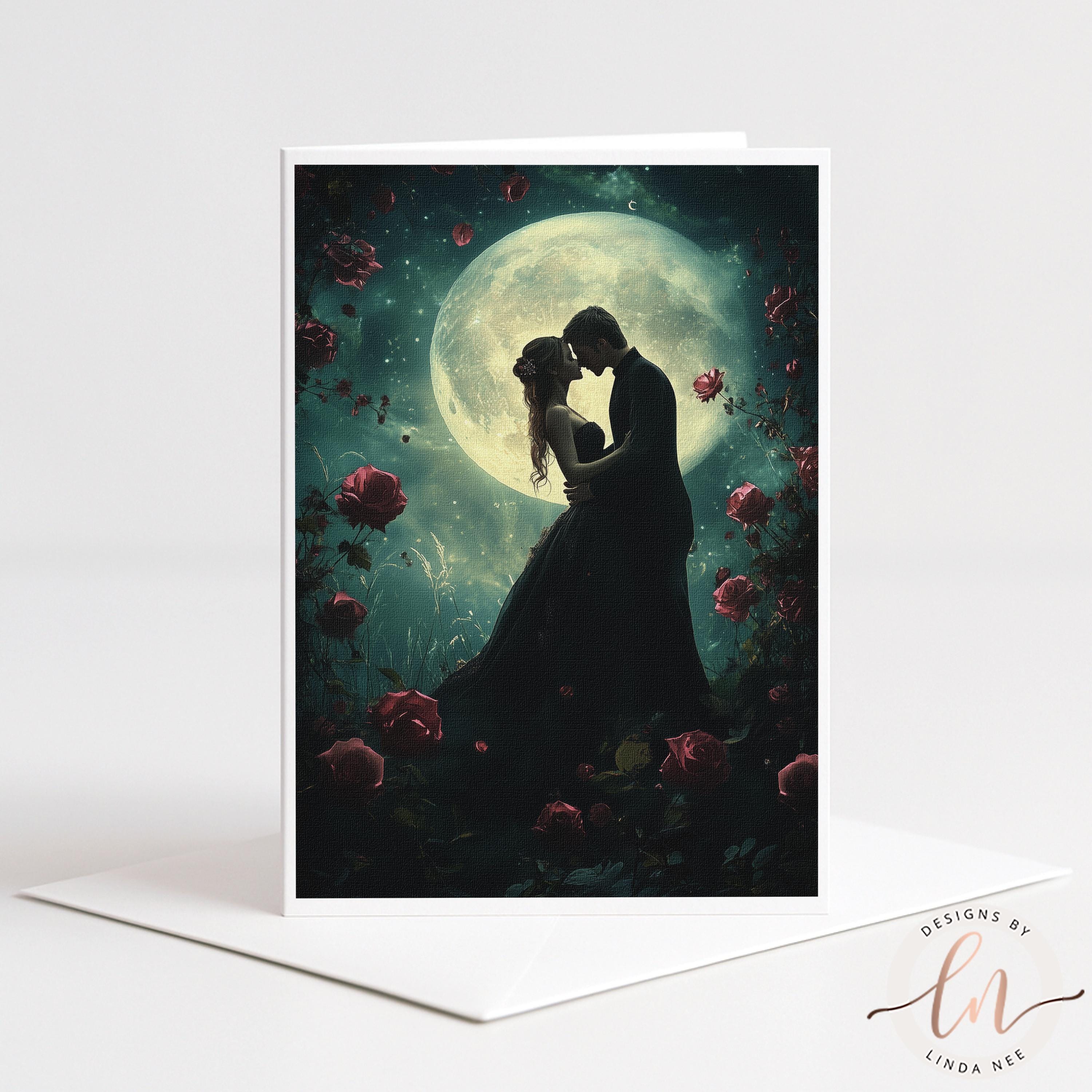 A romantic couple embracing under a full moon, surrounded by a garden filled with red roses.
