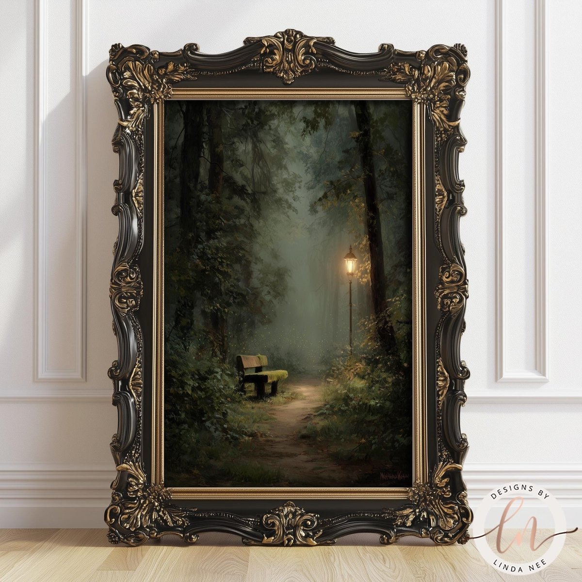 a painting of a bench in a forest, with a lantern hanging from a tree in the background. The painting is framed in an ornate, gilded frame and is displayed on a white wall.