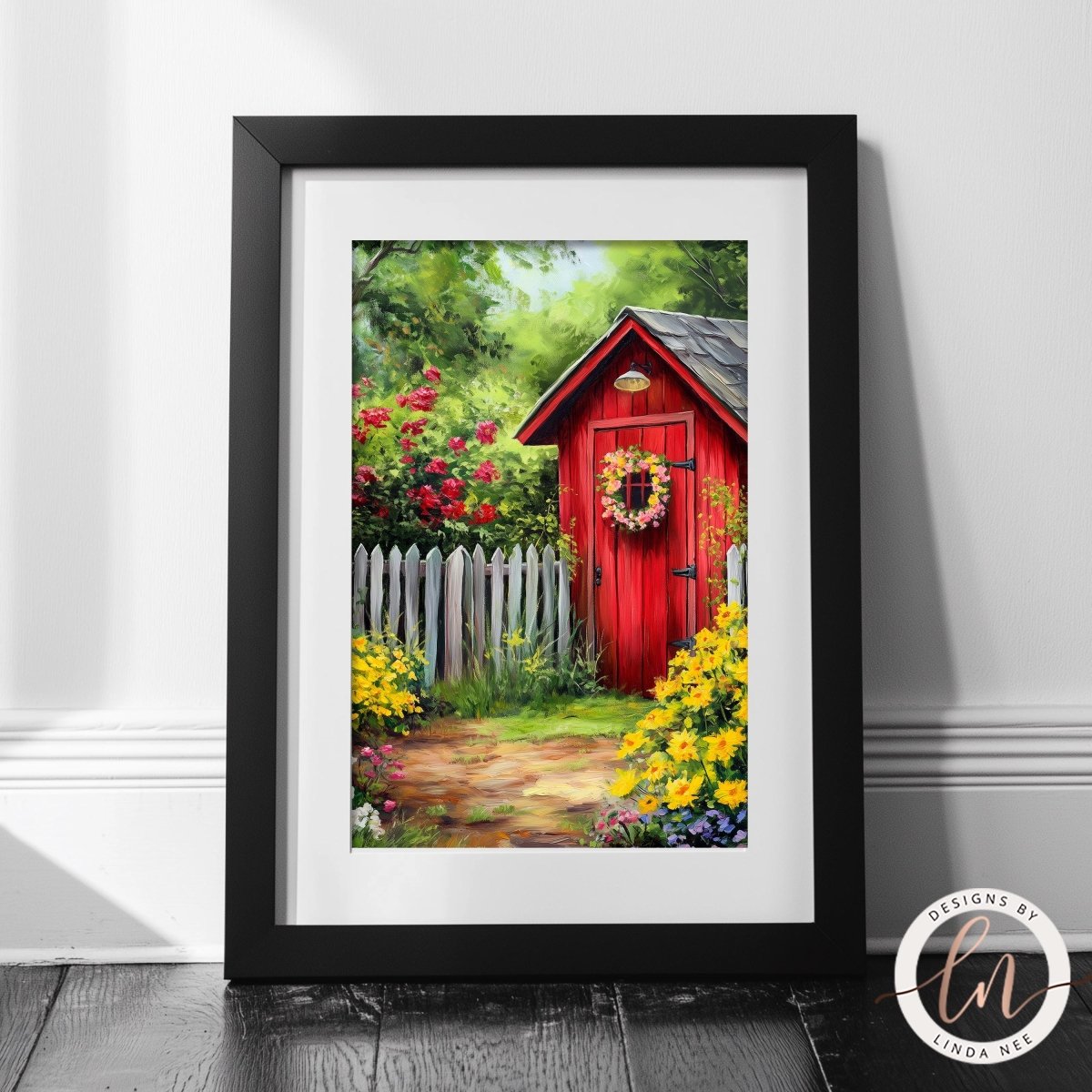 Red shed surrounded by a garden with yellow flowers