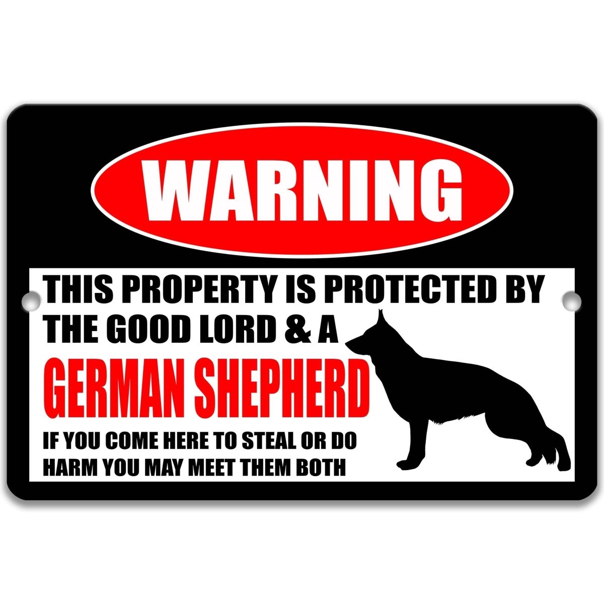 German Shepherd warning metal sign, German Shepherd dog silhouette beside bold red WARNING lettering, 'not responsible for injury or possible death'