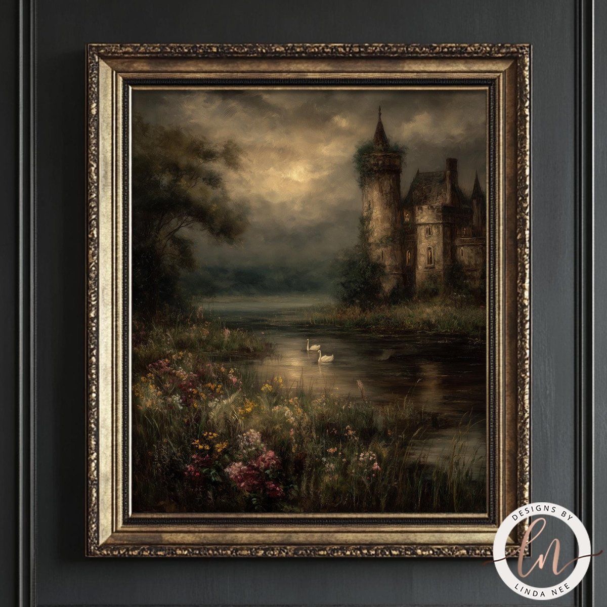 The image is a painting of a castle surrounded by a lake, with two swans swimming in the water. The painting is framed and displayed on a wall.